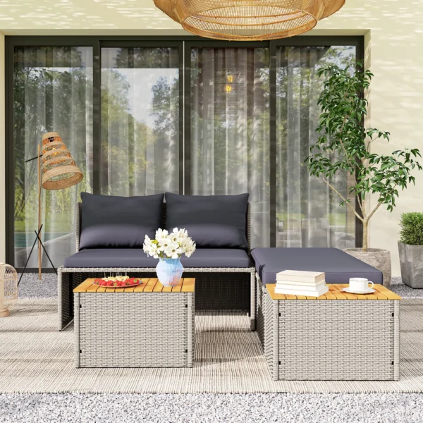 Polyrattan zonneligstoel voor 2 personen dubbele ligstoel met voetenbank opslagruimte paraplu gat weerbestendig tuinligstoel 320kg draagvermogen tuinmeubilair ligstoel relaxstoel voor tuin 125x114x72,5 cm grijs 9
