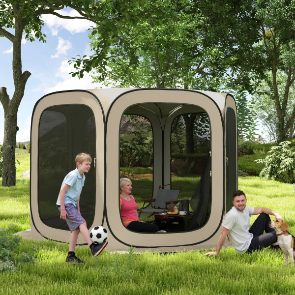 Pop up campingtent schermtent opvouwbaar ruimtetent met draagtas, mesh deur, familietent paviljoen voor 6 personen, camping, tuin, terras, 340 x 300 x 220 cm, khaki 2