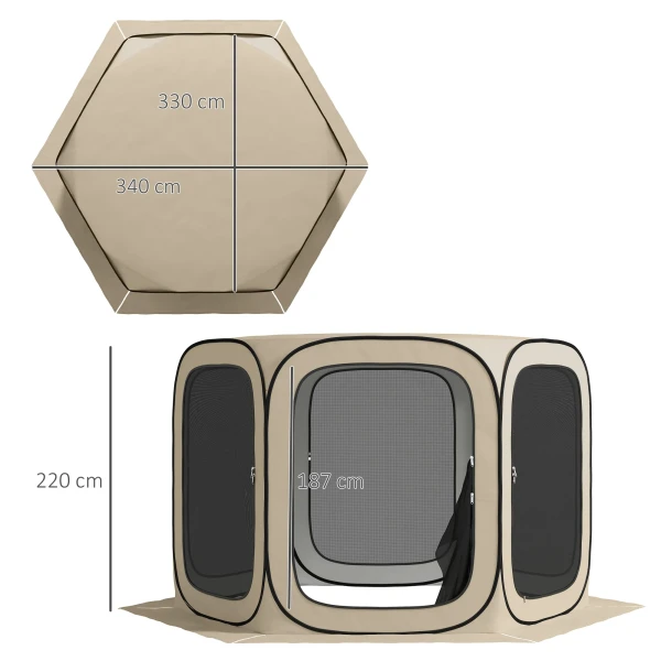 Pop up campingtent schermtent opvouwbaar ruimtetent met draagtas, mesh deur, familietent paviljoen voor 6 personen, camping, tuin, terras, 340 x 300 x 220 cm, khaki 4