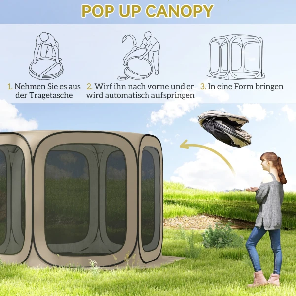 Pop up campingtent schermtent opvouwbaar ruimtetent met draagtas, mesh deur, familietent paviljoen voor 6 personen, camping, tuin, terras, 340 x 300 x 220 cm, khaki 5