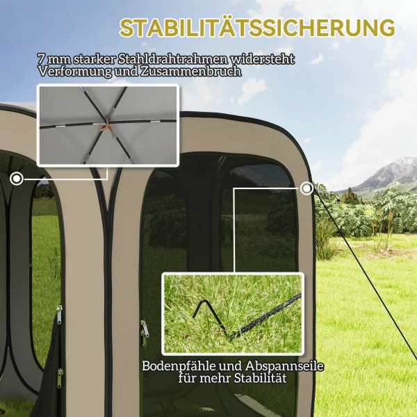 Pop up campingtent schermtent opvouwbaar ruimtetent met draagtas, mesh deur, familietent paviljoen voor 6 personen, camping, tuin, terras, 340 x 300 x 220 cm, khaki 6