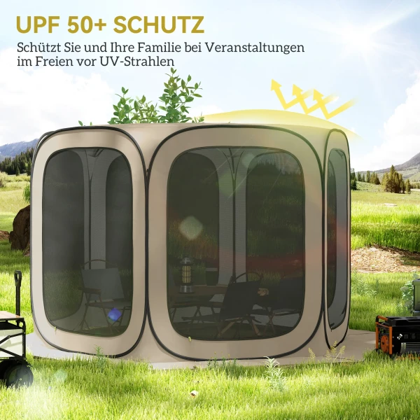 Pop up campingtent schermtent opvouwbaar ruimtetent met draagtas, mesh deur, familietent paviljoen voor 6 personen, camping, tuin, terras, 340 x 300 x 220 cm, khaki 7