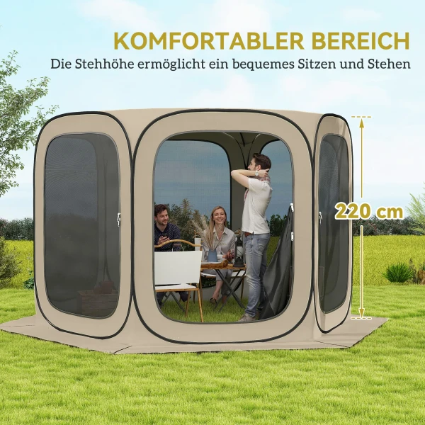 Pop up campingtent schermtent opvouwbaar ruimtetent met draagtas, mesh deur, familietent paviljoen voor 6 personen, camping, tuin, terras, 340 x 300 x 220 cm, khaki 8