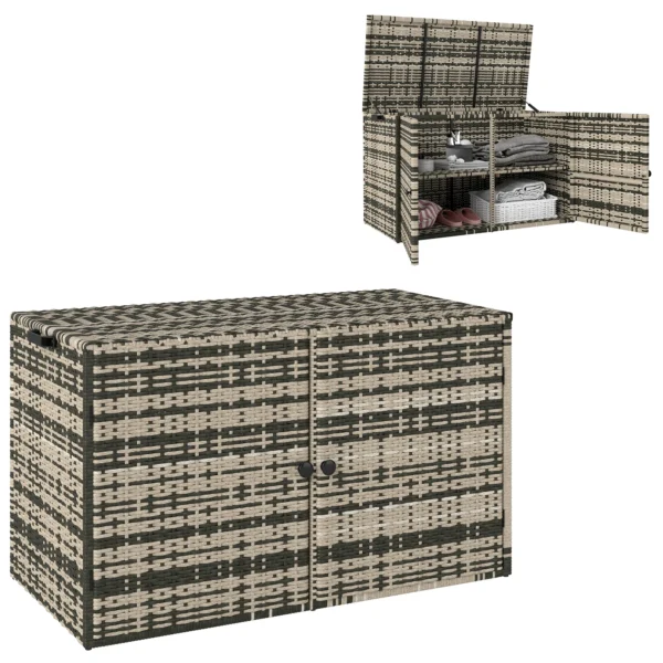 Rattan kussenbox 350l 2 niveaus weerbestendig kussenbox met deksel hefstangen draaggrepen uv bestendig tuinbox opbergbox tuinkist voor tuin terras balkon 118x57x69 cm gemengd grijs 1