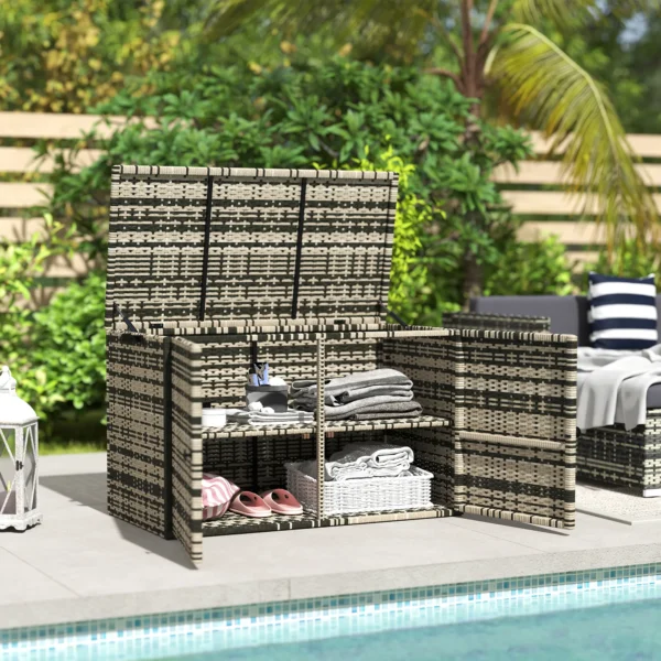 Rattan kussenbox 350l 2 niveaus weerbestendig kussenbox met deksel hefstangen draaggrepen uv bestendig tuinbox opbergbox tuinkist voor tuin terras balkon 118x57x69 cm gemengd grijs 2