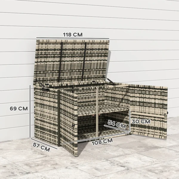 Rattan kussenbox 350l 2 niveaus weerbestendig kussenbox met deksel hefstangen draaggrepen uv bestendig tuinbox opbergbox tuinkist voor tuin terras balkon 118x57x69 cm gemengd grijs 4
