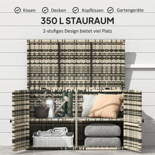 Rattan kussenbox 350l 2 niveaus weerbestendig kussenbox met deksel hefstangen draaggrepen uv bestendig tuinbox opbergbox tuinkist voor tuin terras balkon 118x57x69 cm gemengd grijs 5