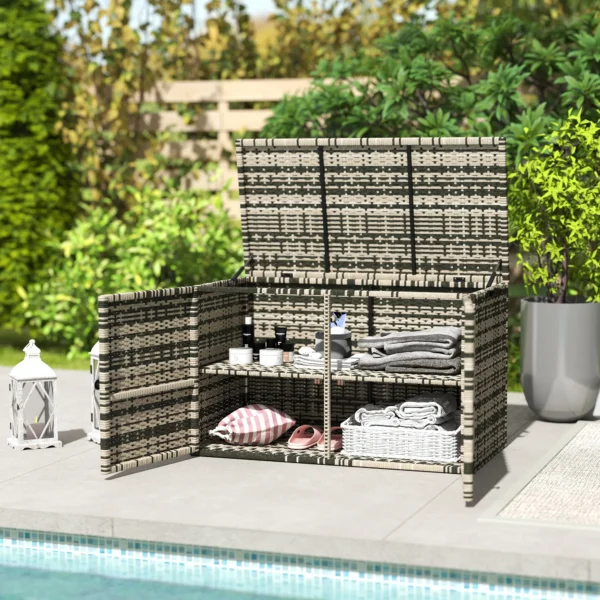 Rattan kussenbox 350l 2 niveaus weerbestendig kussenbox met deksel hefstangen draaggrepen uv bestendig tuinbox opbergbox tuinkist voor tuin terras balkon 118x57x69 cm gemengd grijs 8