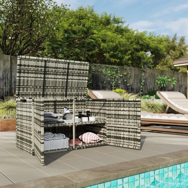 Rattan kussenbox 350l 2 niveaus weerbestendig kussenbox met deksel hefstangen draaggrepen uv bestendig tuinbox opbergbox tuinkist voor tuin terras balkon 118x57x69 cm gemengd grijs 9