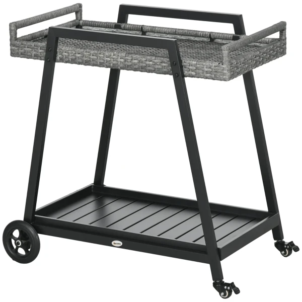 Rattan serveerwagen trolley met plank, tuinrolwagen van staal, grijs, met handvatten, ideaal voor balkon & buitenbar 1