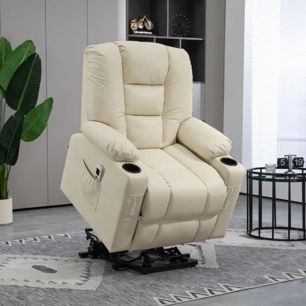 Relaxstoel elektrisch met opsta hulp, usb massagestoel met afstandsbediening, wielen & bekerhouder in crème 2