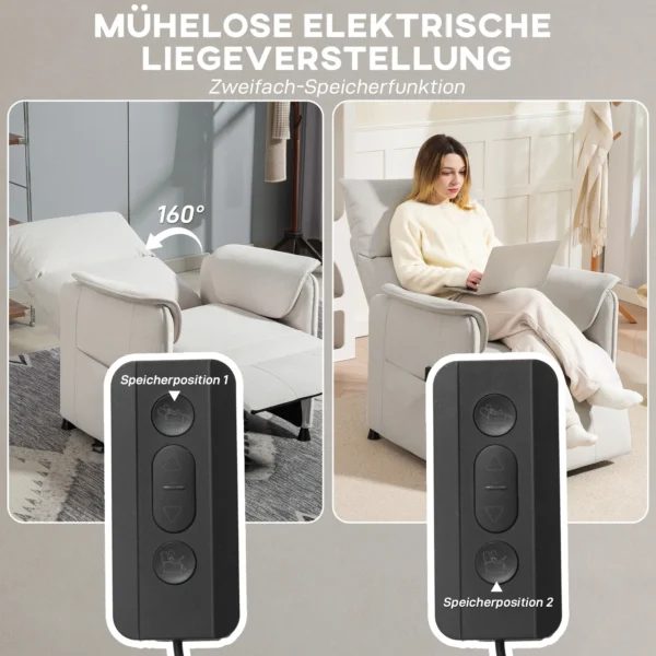 Relaxstoel elektrisch tv stoel met geheugenfunctie, stiller geluid, verstelbare ligfunctie relaxstoel met huisdiervriendelijk fluweelimitatie, afstandsbediening crème 6