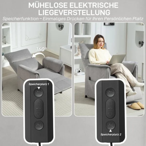 Relaxstoel elektrisch tv stoel met geheugenfunctie, stiller geluid, verstelbare ligfunctie relaxstoel met huisdiervriendelijk fluweelimitatie, afstandsbediening grijs 6