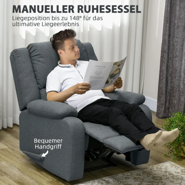 Relaxstoel handmatig tot 150 kg belastbaar tv stoel met ligfunctie in linnenlook tv stoel met zijhandgreep en voetsteun 5