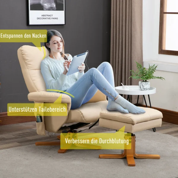 Relaxstoel massagestoel met voetenbankje opbergruimte ligfunctie tv stoel met massagefunctie tv stoel 145° neiging polyester crèmewit 80 x 86 x 99 cm 7