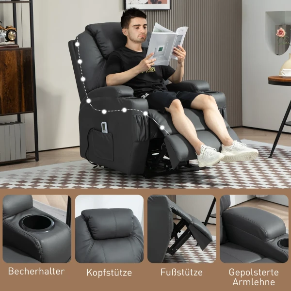 Relaxstoel met massagefunctie, elektrische tv stoel met ligfunctie, massagestoel met afstandsbediening, bekerhouder 7