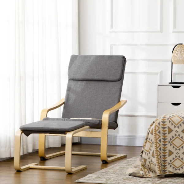 Relaxstoel met voetenbank oorfauteuil grijs met armleuning en linnen bekleding voor woonkamer & ontspanning 2