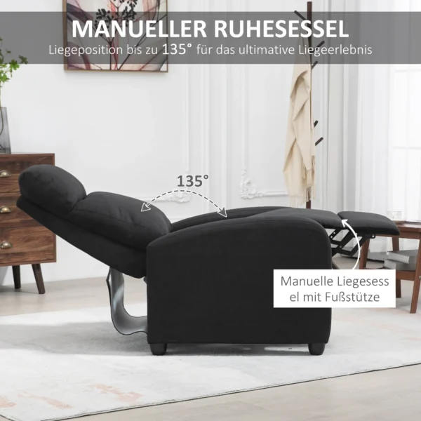 Relaxstoel tv stoel met ligfunctie, linnenlook, gevoerde tv stoel met voetensteun, voor woonkamer, slaapkamer, zwart 6