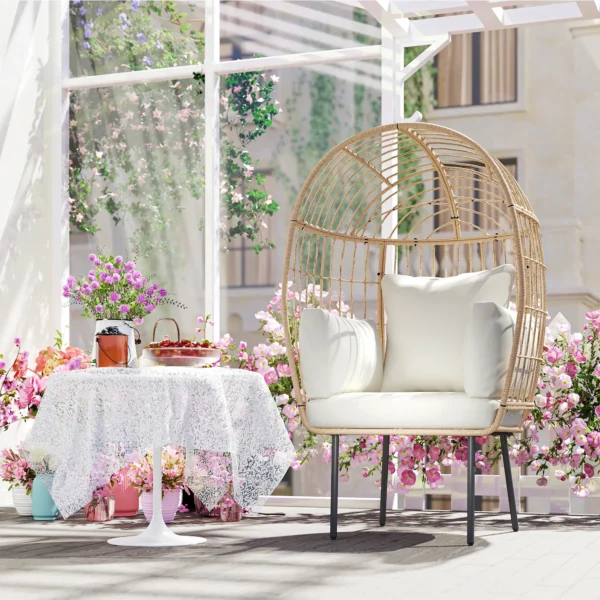 Rieten ei vormige stoel met afneembaar kussen, kussens, extra grote outdoor stoel van riet, weerbestendige mandstoel tuinstoelen voor tuin, balkon, veranda, terras beige 10