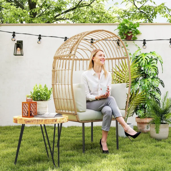 Rieten ei vormige stoel met afneembaar kussen, kussens, extra grote outdoor stoel van riet, weerbestendige mandstoel tuinstoelen voor tuin, balkon, veranda, terras beige 2