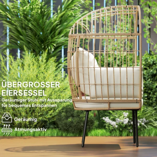 Rieten ei vormige stoel met afneembaar kussen, kussens, extra grote outdoor stoel van riet, weerbestendige mandstoel tuinstoelen voor tuin, balkon, veranda, terras beige 5