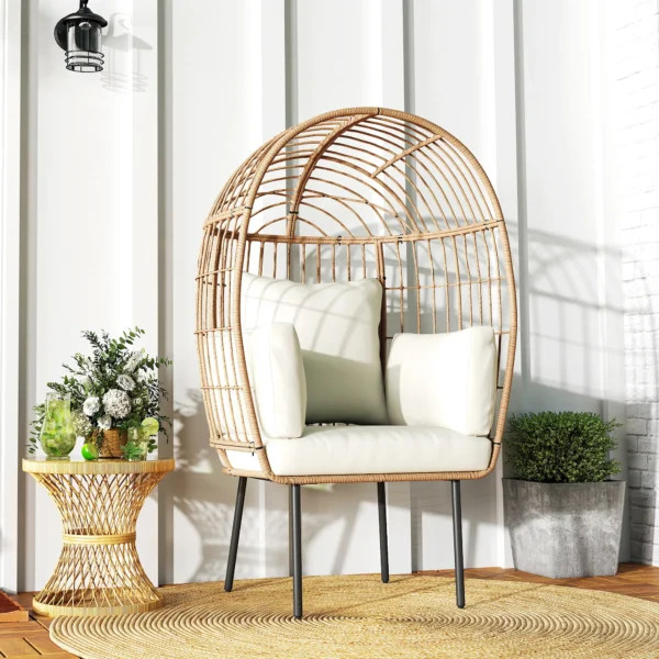 Rieten ei vormige stoel met afneembaar kussen, kussens, extra grote outdoor stoel van riet, weerbestendige mandstoel tuinstoelen voor tuin, balkon, veranda, terras beige 9