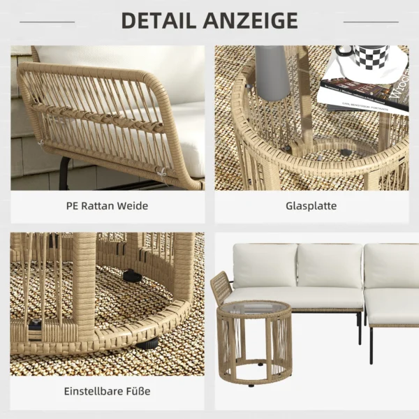 Rieten tuinmeubelset tuinset met ligstoel, salontafel, tweezitter & crème zitkussens voor terras & balkon 7