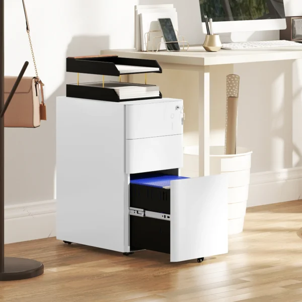 Rolcontainer, mobiele archiefkast met 3 laden, afsluitbare smalle kantoorkast met voorgemonteerd lichaam behalve wielen voor a4, legal, letter, staal, 30 x 45 x 59 cm wit 2