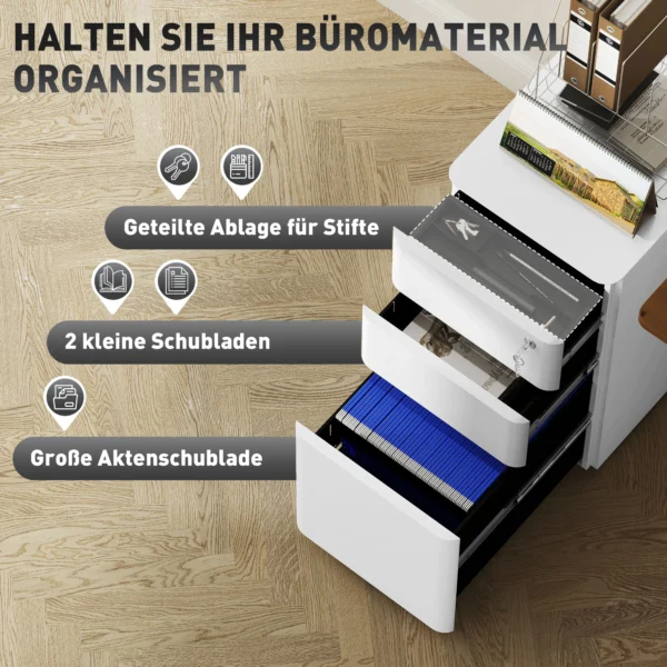 Rolcontainer, mobiele archiefkast met 3 laden, afsluitbare smalle kantoorkast met voorgemonteerd lichaam behalve wielen voor a4, legal, letter, staal, 30 x 45 x 59 cm wit 5