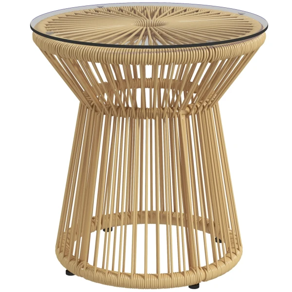 Ronde bijzettafel koffietafel met glazen tafelblad holle trommel ontwerp tuintafel voor terras metaal beige 1