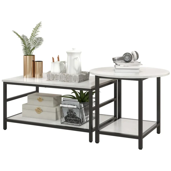 Salontafel set van 2 bijzettafel koffietafel set tafel in modern ontwerp met marmerlook voor woonkamer slaapkamer staal 1