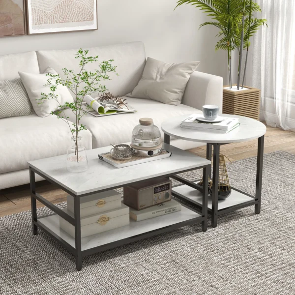 Salontafel set van 2 bijzettafel koffietafel set tafel in modern ontwerp met marmerlook voor woonkamer slaapkamer staal 2