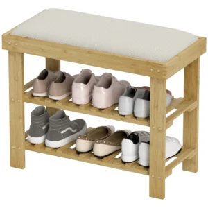 Schoenenbank met zitvlak, bamboe zitbank met opbergruimte, schoenenrek met 2 open vakken, zitbank, bank, garderobebank voor woonkamer, hal, 60 x 29 x 49 cm crèmewit 1