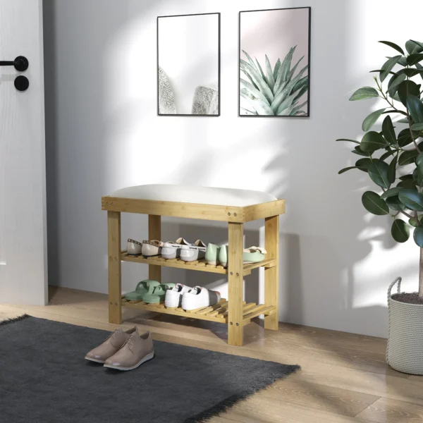 Schoenenbank met zitvlak, bamboe zitbank met opbergruimte, schoenenrek met 2 open vakken, zitbank, bank, garderobebank voor woonkamer, hal, 60 x 29 x 49 cm crèmewit 10