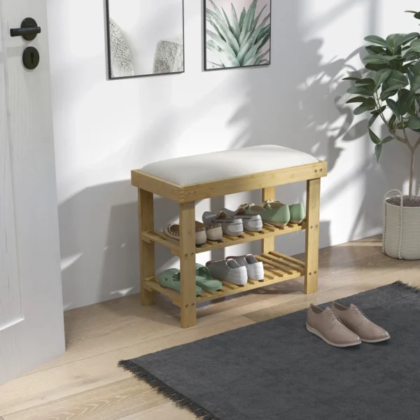 Schoenenbank met zitvlak, bamboe zitbank met opbergruimte, schoenenrek met 2 open vakken, zitbank, bank, garderobebank voor woonkamer, hal, 60 x 29 x 49 cm crèmewit 2