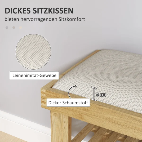 Schoenenbank met zitvlak, bamboe zitbank met opbergruimte, schoenenrek met 2 open vakken, zitbank, bank, garderobebank voor woonkamer, hal, 60 x 29 x 49 cm crèmewit 5
