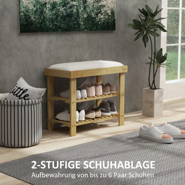 Schoenenbank met zitvlak, bamboe zitbank met opbergruimte, schoenenrek met 2 open vakken, zitbank, bank, garderobebank voor woonkamer, hal, 60 x 29 x 49 cm crèmewit 6