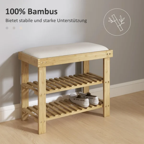 Schoenenbank met zitvlak, bamboe zitbank met opbergruimte, schoenenrek met 2 open vakken, zitbank, bank, garderobebank voor woonkamer, hal, 60 x 29 x 49 cm crèmewit 7