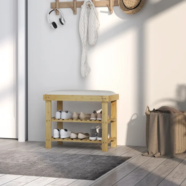 Schoenenbank met zitvlak, bamboe zitbank met opbergruimte, schoenenrek met 2 open vakken, zitbank, bank, garderobebank voor woonkamer, hal, 60 x 29 x 49 cm crèmewit 8