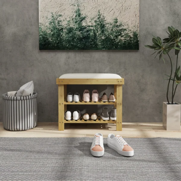 Schoenenbank met zitvlak, bamboe zitbank met opbergruimte, schoenenrek met 2 open vakken, zitbank, bank, garderobebank voor woonkamer, hal, 60 x 29 x 49 cm crèmewit 9