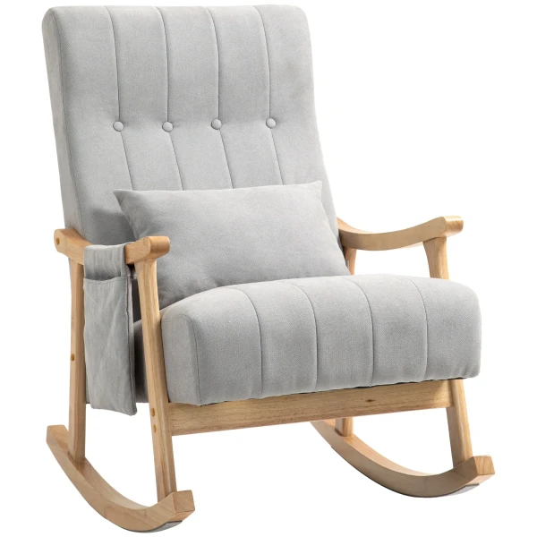 Schommelstoel gestoffeerde schommelstoel met lendenkussen zijtas relaxstoel houten frame linnenlook voor woonkamer slaapkamer grijs 1