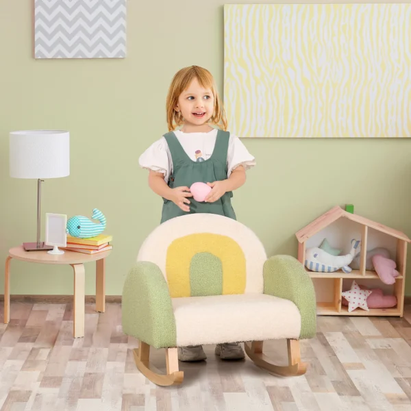 Schommelstoel kindersofa knusse kinderfauteuil eucalyptushout in imitatie lamsvacht groen vanaf 3 jaar ideaal voor kinderkamer 2