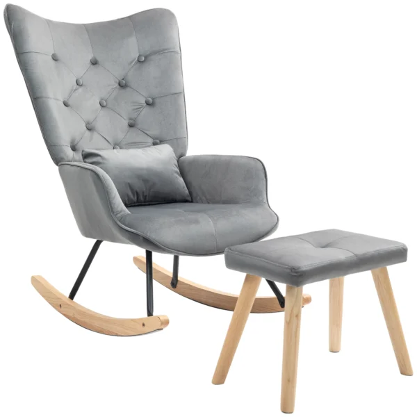 Schommelstoel met kruk, relaxstoel met kussen, fluweelachtig, oorfauteuil met houten poten voor slaapkamer, woonkamer, 66 x 96 x 101 cm, donkergrijs 1