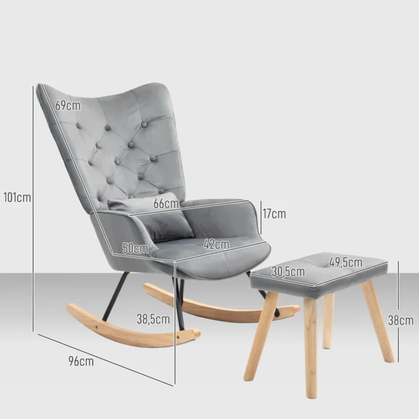 Schommelstoel met kruk, relaxstoel met kussen, fluweelachtig, oorfauteuil met houten poten voor slaapkamer, woonkamer, 66 x 96 x 101 cm, donkergrijs 4