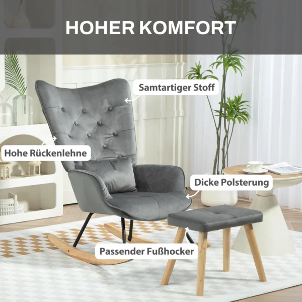 Schommelstoel met kruk, relaxstoel met kussen, fluweelachtig, oorfauteuil met houten poten voor slaapkamer, woonkamer, 66 x 96 x 101 cm, donkergrijs 5
