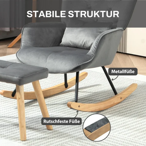 Schommelstoel met kruk, relaxstoel met kussen, fluweelachtig, oorfauteuil met houten poten voor slaapkamer, woonkamer, 66 x 96 x 101 cm, donkergrijs 6