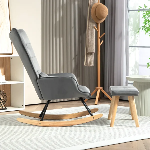 Schommelstoel met kruk, relaxstoel met kussen, fluweelachtig, oorfauteuil met houten poten voor slaapkamer, woonkamer, 66 x 96 x 101 cm, donkergrijs 7