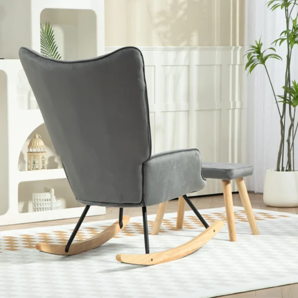 Schommelstoel met kruk, relaxstoel met kussen, fluweelachtig, oorfauteuil met houten poten voor slaapkamer, woonkamer, 66 x 96 x 101 cm, donkergrijs 8