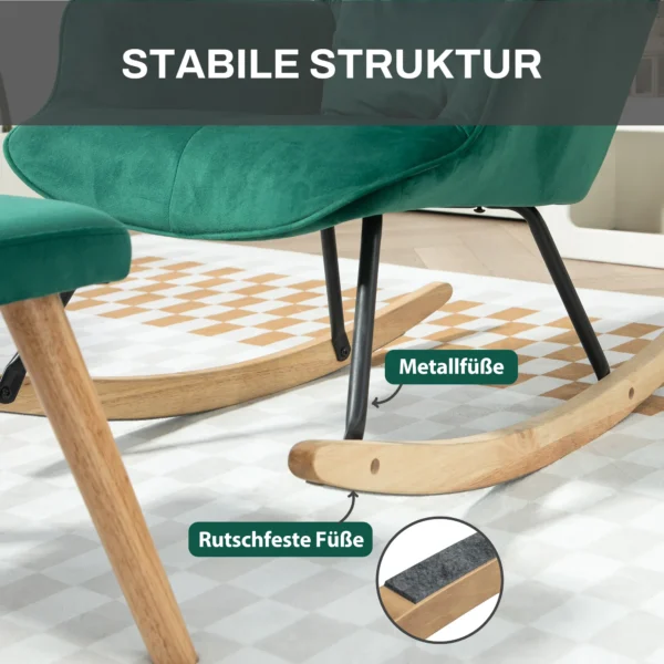 Schommelstoel met kruk, relaxstoel met kussen, fluweelachtig, oorfauteuil met houten poten voor slaapkamer, woonkamer, 66 x 96 x 101 cm, groen 6
