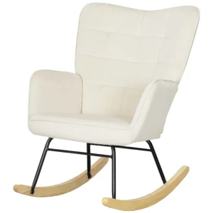 Schommelstoel, schommelstoel met fluwelen look, armleuning, stoel met houten glijders, relaxstoel voor woonkamer, slaapkamer, beige 1